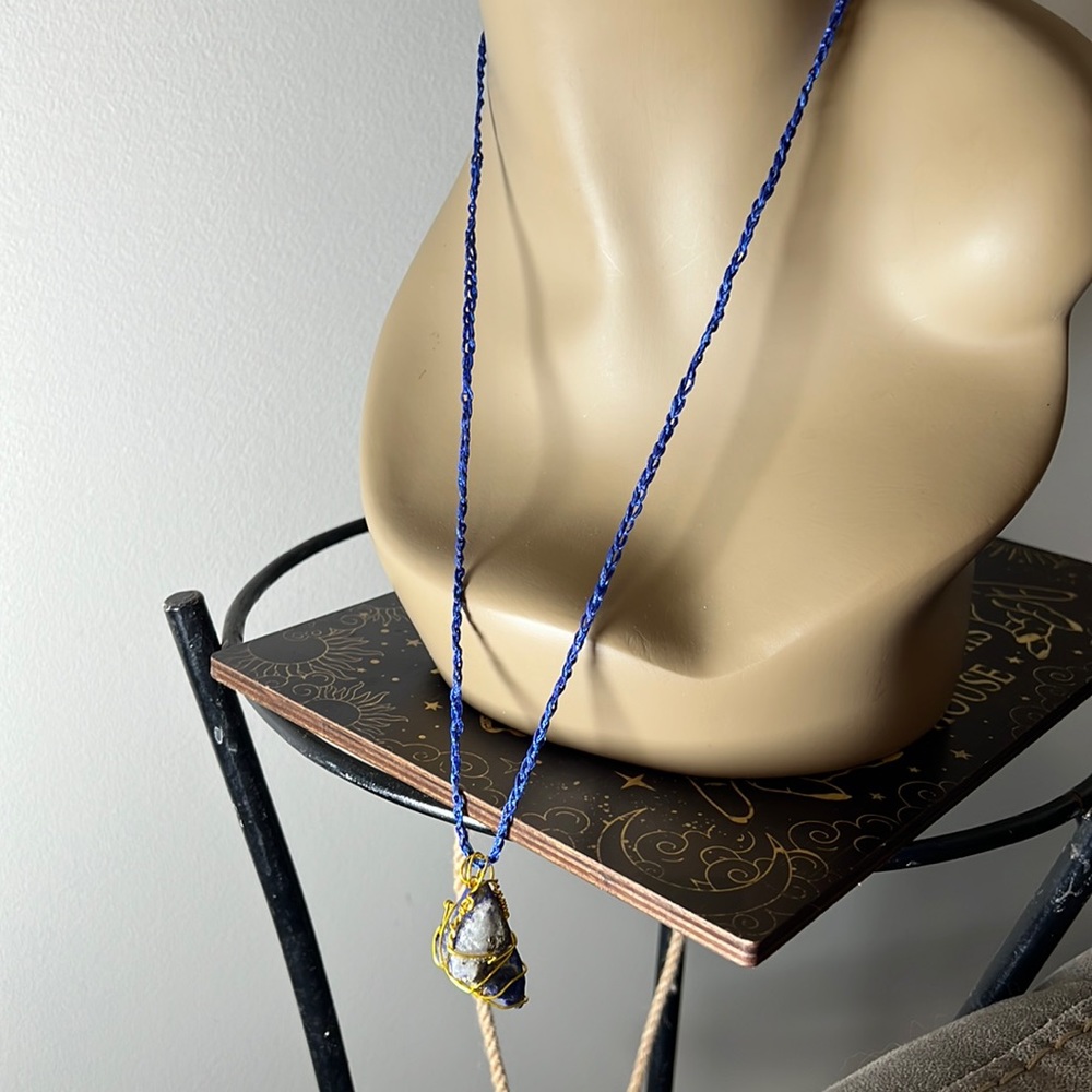 #6 Blue Lapis Lazuli huge CRYSTAL nugget pendant w/ long leather cord necklace